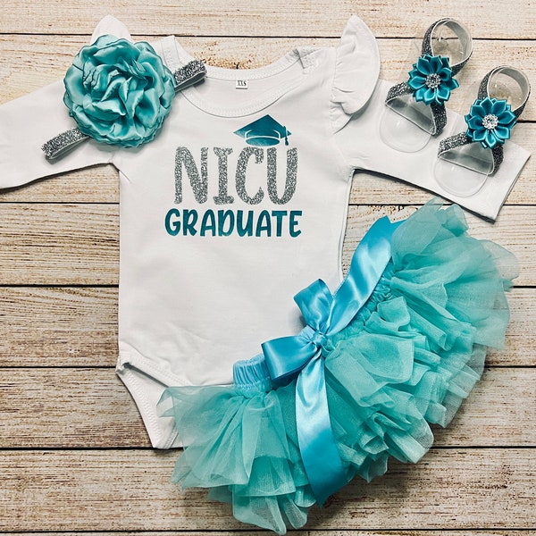 Baby Girl NICU Graduate | Take Home outfit |Tutu Teal Blue in color | Glitter Teal and Turquoise Design | Matching Baby Headband