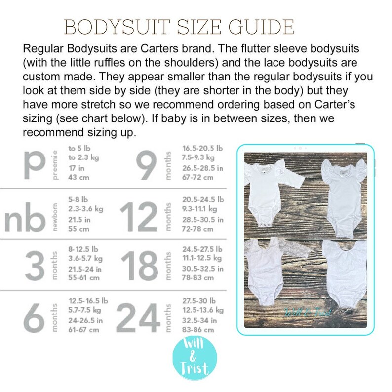 May include: Bodysuit size guide for babies, with measurements in pounds and inches. The chart shows different sizes for babies from preemie to 24 months. The image also shows three different styles of bodysuits: a plain white bodysuit, a bodysuit with flutter sleeves, and a bodysuit with lace.
