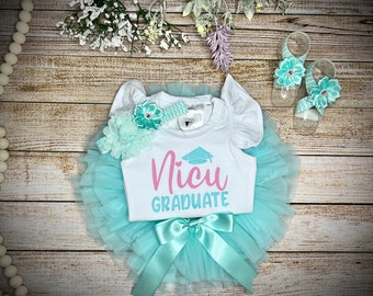 Baby Girls NICU Graduate and Cap design on Bodysuit with Aqua Tutu Bloomer, Cute Chevron Elastic Flower headband and Barefoot Sandal