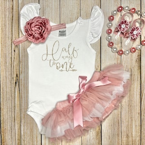 Baby Girl Half Birthday Outfit: Glitter Gold Bodysuit, Ombre Tutu