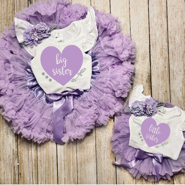 Adorable Big Sister Little Sister Matching Outfits in the color Lavender with Silver Glitter arrow - Sisters matching sets with Tutu Skirt