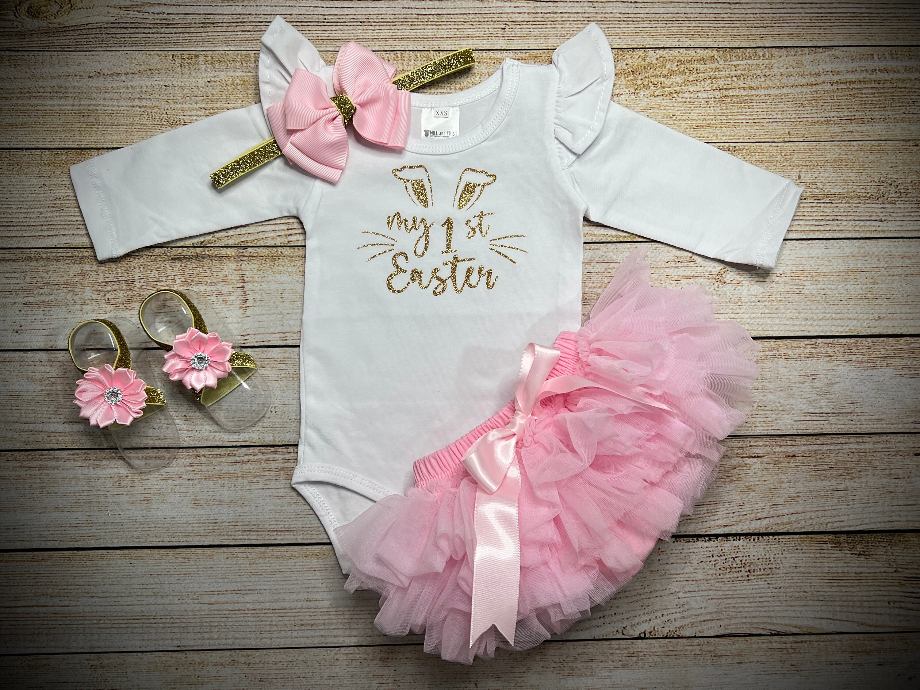 Baby Girls my first easter outfit with flutter bodysuit and Candy Pink Tutu Bloomer, optional accessories Barefoot Sandals and Headband