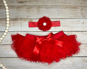 Baby girl Red Tutu Bloomer and matching flower with Rhinestone center on elastic headband, Perfect holiday gift for Newborn and Babyshower