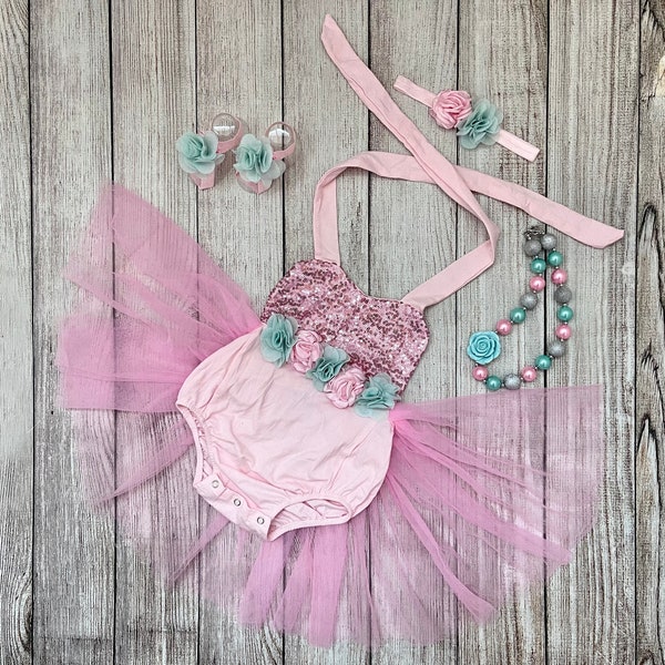 Baby Girl Sequin Pink Romper with Aqua and pink Flowers, Baby girl Summer Romper, First birthday Set, Mermaid Birthday Romper, Half Birthday