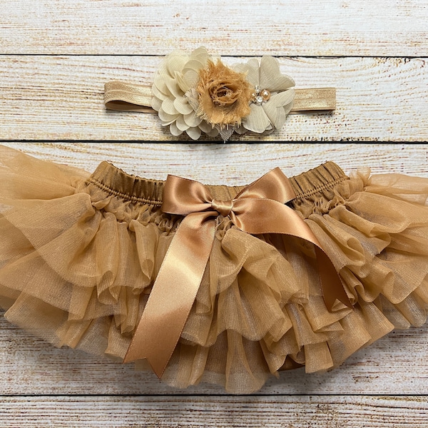 Baby Tutu with built in Bloomer with Satin Bow in color Light Brown, Baby Girl diaper cover, Holiday Skirt for baby, Tutu and headband set