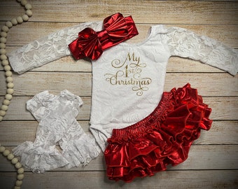 Baby Girls First Christmas Outfit: Lace Bodysuit & Red Tutu