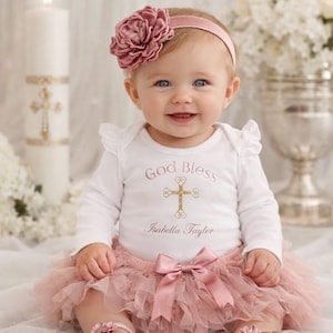 Traje de bautizo para niña: Cruz de oro rosa y tutú rosa empolvado