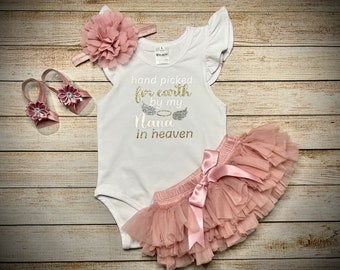 Baby Girl hand picked for earth personalized outfit, baby&#39;s angel in heaven outfit, Memorial Baby Clothes, In heaven, Handpicked For Earth