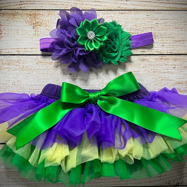 Baby Girl Tutu Bloomer and Matching Headband, Purple Yellow Green Tulle Layers, Newborn Gift,  Mardi Gras Tutu, Mardi Gras New Orleans, Tutu