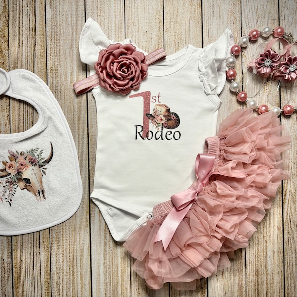 Baby Girl 1st Rodeo - First Birthday Western Theme Outfit - Dusty Pink Tutu - Boho Western Theme Outfit - Cowgirl Western 1st Birthday Set