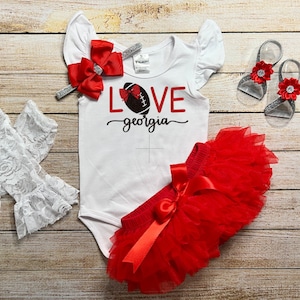 Baby Girl Love Georgia Bodysuit with Red Tutu Bloomer and Red Bow Headband, Made with Love, Baby and Parent Gift for Georgia Baby, Football