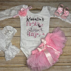 Baby Girl My first Valentines Day Outfit Lace Bodysuit, Personalized 1st Valentines Day, First Valentines Day baby gift, Pink Tutu Bloomer