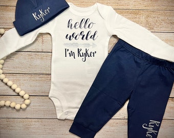 Hello World Baby Boy Coming Home Outfit Navy - Take home outfit - Navy Pants and hat - Personalized Baby Boy Outfit - Baby Shower