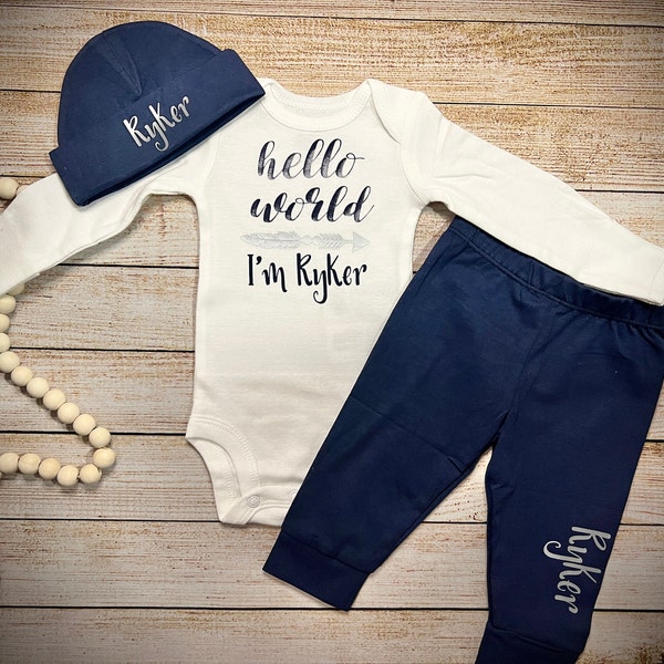 Hello World Baby Boy Coming Home Outfit Navy - Take home outfit - Navy Pants and hat - Personalized Baby Boy Outfit - Baby Shower