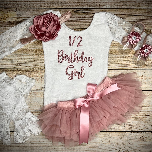 Baby Girl half Birthday Girl Lace Bodysuit and Dusty Pink Tutu with your choice headband, barefoot sandal, and lace legging, 1/2 Birthday