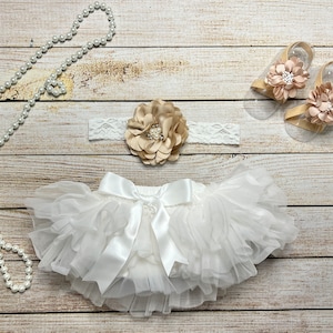 Baby Girl Tutu Bloomer in the color cream off white with optional matching headband, Pearl Necklace, and Barefoot Sandals Set - Newborn Gift