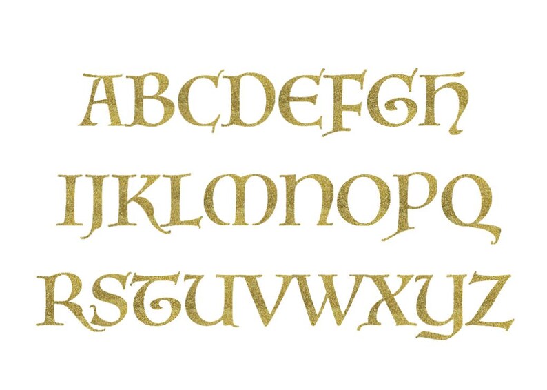 May include: Gold alphabet letters in a decorative font. The letters are arranged in three rows, with the first row being A-H, the second row being I-Q, and the third row being R-Z.