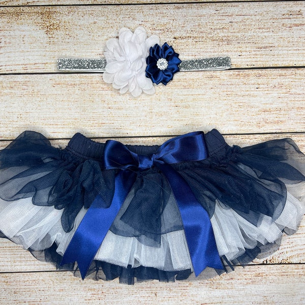 Baby girl Tutu Bloomer in Navy Blue and White, Navy Blue Satin Ribbon bow and built in Underwear, Dallas Cowboys, Birthday Tutu, Props