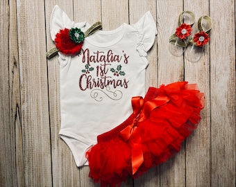 Baby Girl Personalized 1st Christmas Flutter Bodysuit with Red Tutu Bloomer in Glitter Gold and Red, Perfect First Christmas or Baby Gift