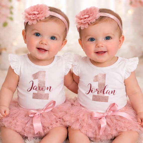 twins first birthday dress Bodysuit: Rose Gold Personalized Outfit twin dresses for sisters