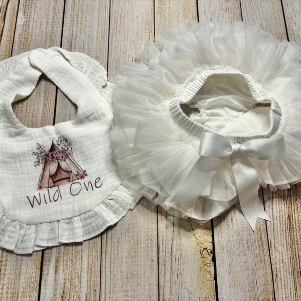 Baby Girl First Birthday Bib and Tutu in the color Cream - Wild One Western birthday bib - Cream bib with Dusty Pink TeePee - Boho flowers