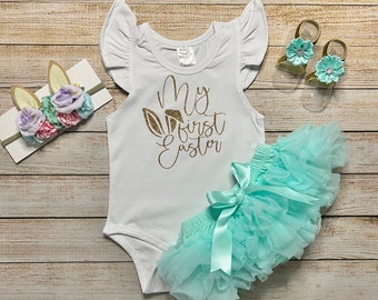 Baby Girl First Easter, Aqua and Glitter Gold, First Easter Baby Outfit, My 1st Easter, Easter Romper, Gift for baby Girl, Baby Easter