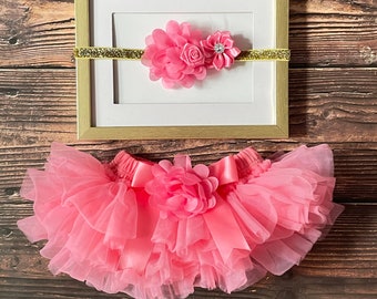 Baby Girl Tutu Bloomer and headband | Coral Pink | Removable Pin Flower Accessory | Baby Photo Props | Cake Smash