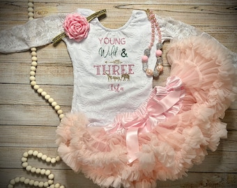 Baby Girl 3rd Birthday, Young Wild and Three, white Lace bodysuit, 3rd Birthday Girl Outfit, Wild Birthday Girl, My Third Birthday Outfit