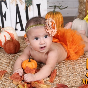 May include: A baby wearing an orange tulle skirt and a headband with a peach-colored flower, lying on a brown woven rug with fall-themed decorations, including pumpkins and leaves. The word "Fall" is visible in the background.