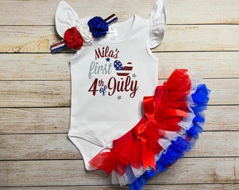 Baby's First 4th of July Outfit: Glitter Bodysuit, Tutu Bloomer & Headband