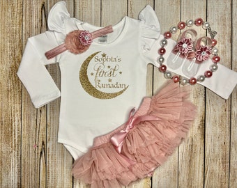 Baby's First Ramadan Bodysuit: Flutter Sleeve, Pink Tutu Bloomer, Headband