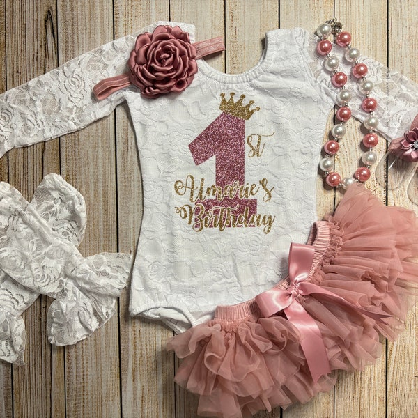 Baby Girl Personalized 1st Birthday Lace Bodysuit with Dusty Pink Tutu, Glitter Rose Gold and Gold Princess 1st Birthday Outfit, Cake Smash