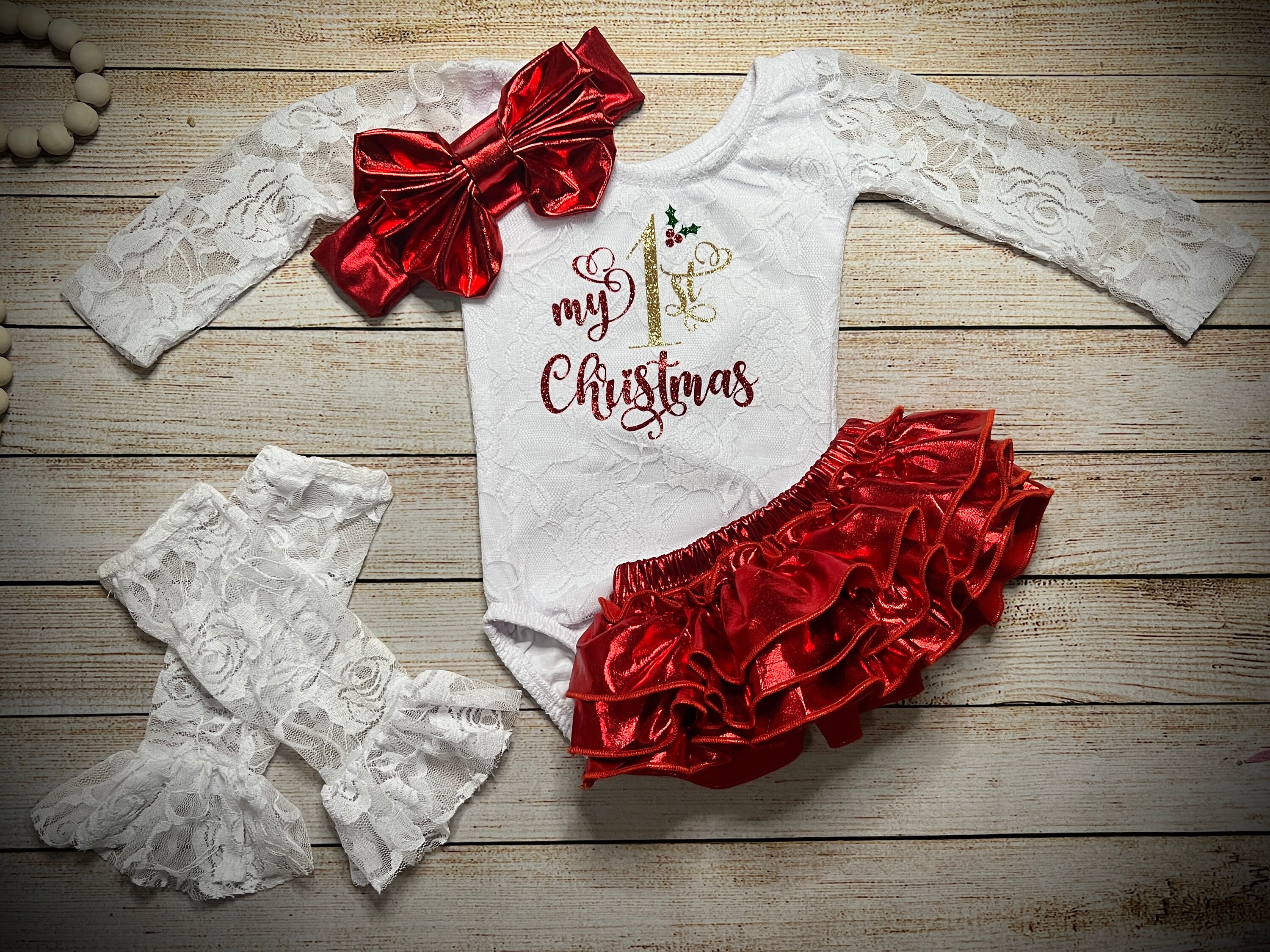 Baby Girls 1st Christmas Outfit with Lace Bodysuit and optional Metallic Red Tutu Bloomer and matching headband, Lace Leggings