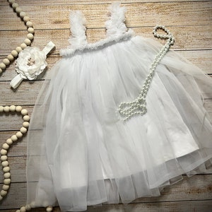White Tulle Dress with soft Cotton lining and fabric flowers, Rhinestone Flower headband, Barefoot Sandals, and Necklace to match