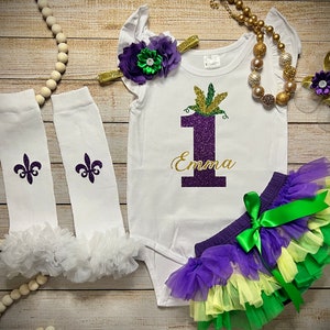 Baby girls Personalized 1st Birthday Mardi Gras Outfit with Ombre Green, Purple, and Yellow Tutu Bloomer with optional Matching accessories