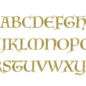 May include: Gold alphabet letters in a decorative font. The letters are arranged in three rows, with the first row being A-H, the second row being I-Q, and the third row being R-Z.