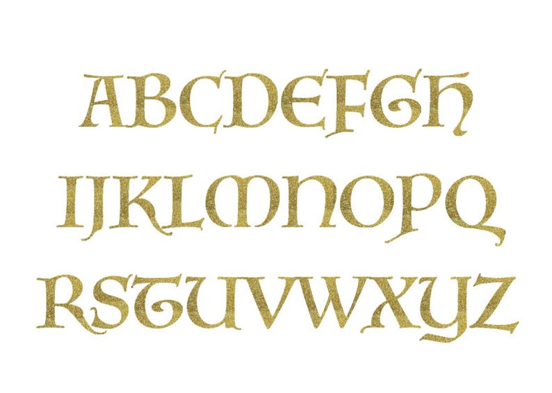 May include: Gold alphabet letters in a decorative font. The letters are arranged in three rows, with the first row being A-H, the second row being I-Q, and the third row being R-Z.