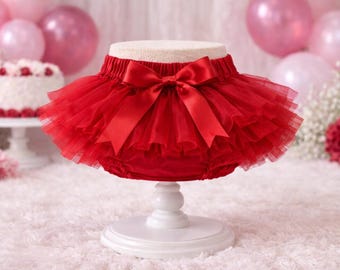 Red Tutu Bloomer Set: Rhinestone Flower Headband, Baby Girl Gift