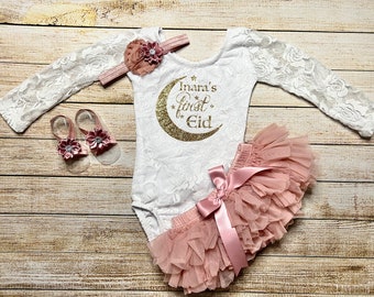 Baby Girl First Eid Outfit: Lace Bodysuit, Pink Tutu Bloomer, Headband