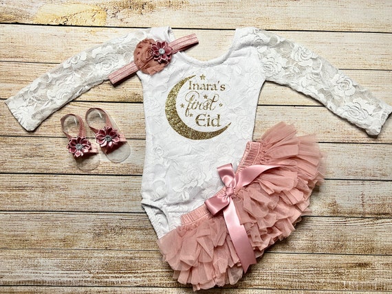 Baby Girl First Eid Outfit: Lace Bodysuit, Pink Tutu Bloomer, Headband