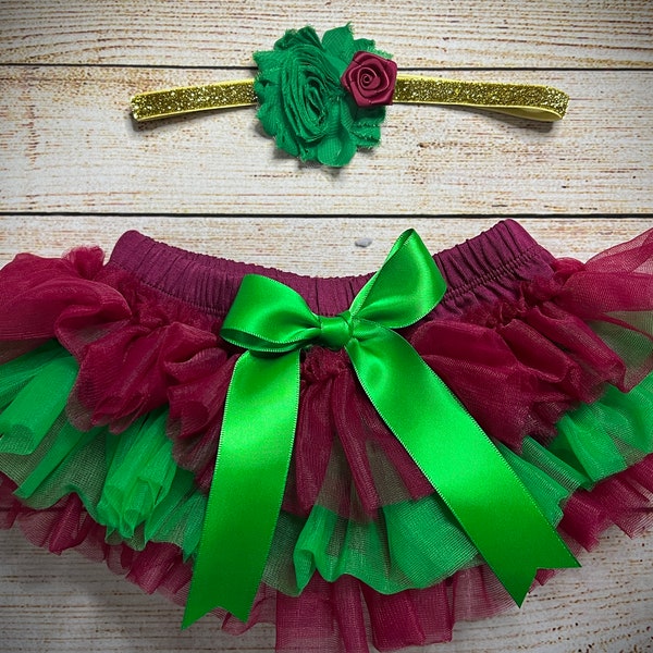 Baby Girl Wine Red and Green Tutu Bloomer and Headband, The perfect Christmas and Birthday set for New and expecting parents and photoshoots