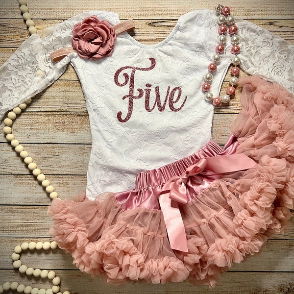 Fifth Birthday Girl Lace Bodysuit and Skirt Set, Glitter Rose Gold, Five Birthday Princess, Fifth Birthday Girl, Mauve Petti Skirt, Headband