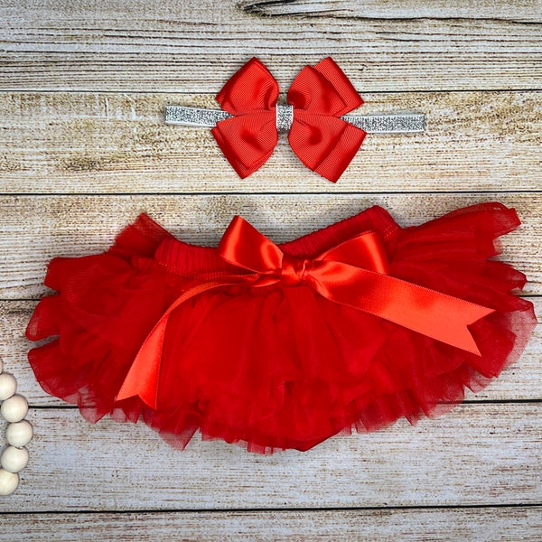 Baby girl Tutu Bloomer and Headband Set in the color Red, Red Tutu Bloomer with Red Bow on a Silver Elastic headband