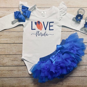 Baby Girl Love Florida Football Bodysuit with Blue Tutu Bloomer and Bow Headband, Florida Baby, Baby Florida College Football fan, Florida