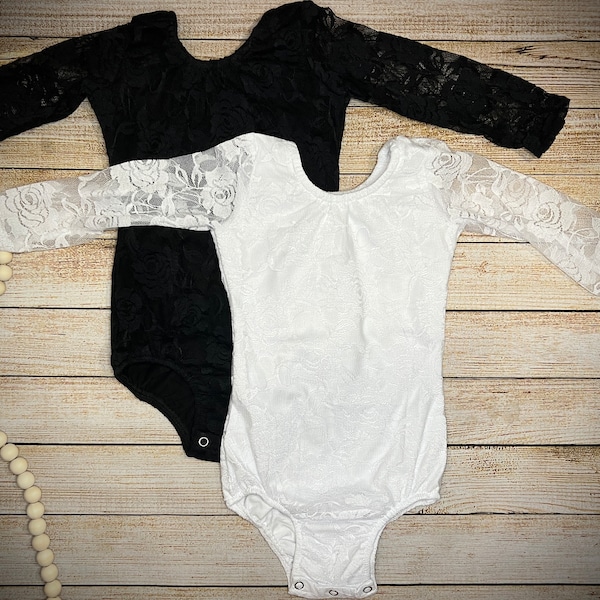 Baby Girls Long Sleeve Lace Blank Bodysuit Leotard with Snaps available in Black or White