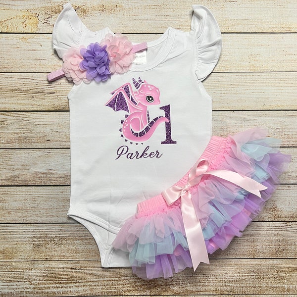 Baby Girl Personalized Dragon Bodysuit with optional matching Tutu in the colors Pink, Lavender Purple, and Aqua, Matching headband