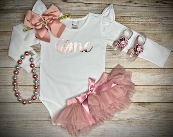 Baby Girl First Birthday Pumpkin ONE in Metallic Rose Gold, optional Dusty Pink Tutu Bloomer, your choice accessories, Fall Birthday Girl