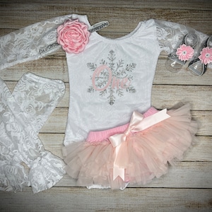 Baby girl Winter Onederland  Lace Outfit with Pale Pink Tutu Bloomer with Pink one and Silver Glitter snowflake, Optional accessories