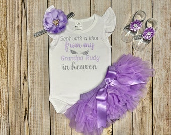 Baby girl sent with a kiss personalized Flutter Bodysuit, matching headband, baby barefoot sandals - Lavender Tutu Bloomer - Memorial Gift