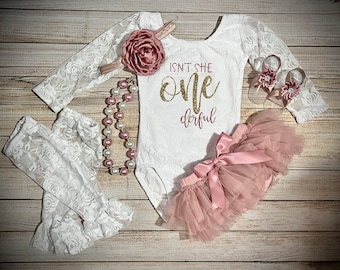 Baby Girl 1st Birthday Outfit: Lace Bodysuit, Tutu, Headband